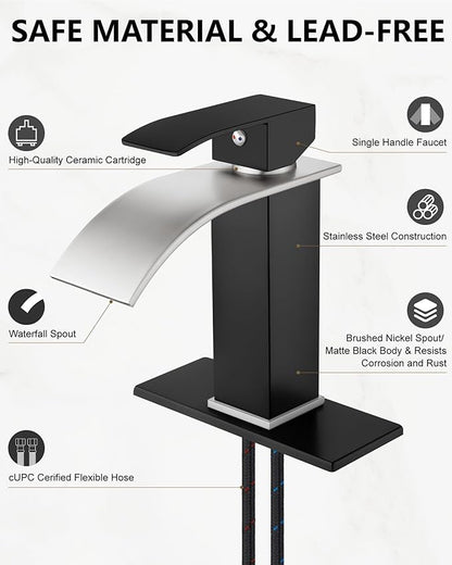 Midanya Bathroom Faucet with Waterfall Spout, Single Hole or 3-Hole Deck Mount, 304 Stainless Steel Sink Faucet with Pop-Up Drain, RV Vanity Compatible,Brushed Nickel Spout/Matte Black