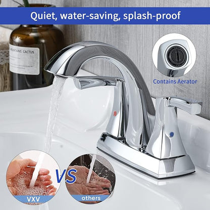 VXV Chrome Bathroom Faucet, 2 Handles Low Arc Bathroom Sink Faucets, 4 Inch Centerset Bath Lavatory Faucets with Pop-up Drain & Supply Lines (CP)