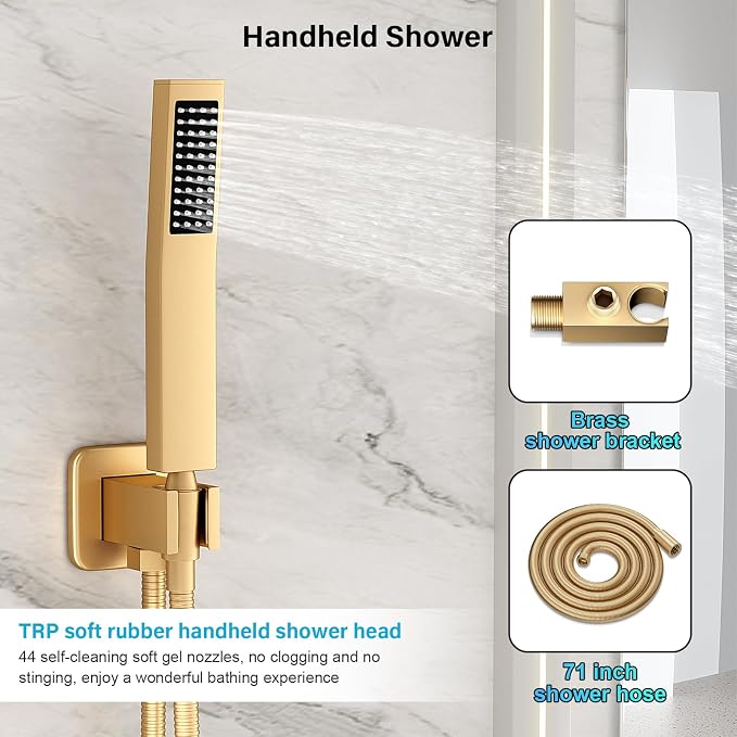 FPXRNG Shower Faucet Set Rainfall Shower System with Square Shower Head and Handle Set Rough-in Valve and Metal Trim Kit Included Paint Gold 10 Inch Wall Mounted Shower Fixtures