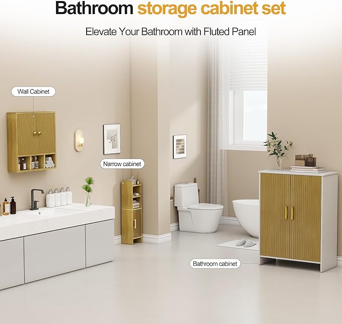 Bathroom Wall Cabinet,Wooden Medicine Cabinet with Fluted Doors Over The Toilet Storage Cabinet with Adjustable Shelf for Bathroom,Wood