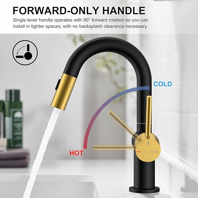 KENES Black and Gold Pull Down Bathroom Faucet 1 Hole, Single Handle Bathroom Sink Faucet with Pull Out Sprayer, Vanity Faucet with Pop Up Drain & Deck Plate, KE-9065B-BG
