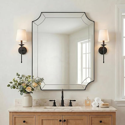 28x36 Inch Matte Black Mirror, Black Framed Mirror for Bathroom, Unique Rectangle Mirror with Sophisticated Curved Design for Bathroom, Powder Room, Entryway (Vertical or Horizontal)