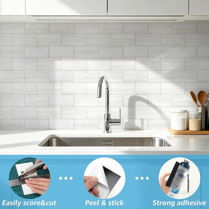 Art3d 102-Piece Peel and Stick Wall Tile for Kitchen Backsplash, Bathroom, Fireplace, 3in. × 6in. Stick on Subway Tile, Cream-White