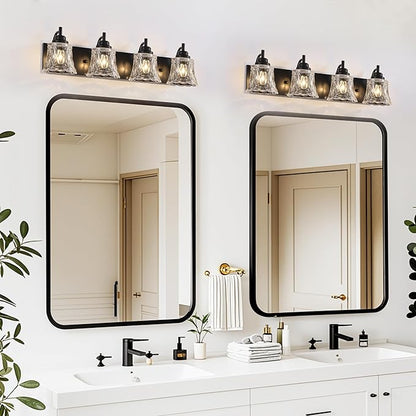 Black Bathroom Vanity Light Fixture, Bathroom Light Fixtures Over Mirror, 4 Lights Black Bathrooms Lighting,Matte Antique Finish with Crystal Glass Shade, Vintage Vanity Light for Bathrooms