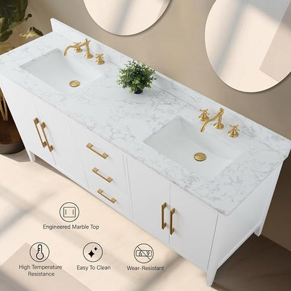 Vanity Art 72 inch Bathroom Vanity with Double Sink & Ceramic Top, Vanity Cabinet with Soft-Closing Doors, Drawers, Solid Wood Frame, White, Golden Brushed Handware