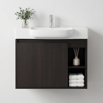 28" Bathroom Vanity with Sink, Wall-Mounted Cabinet, Dark Oak | Ceramic Sink, Soft-Close Door & 2 Open Storage Shelves, Modern Farmhouse Sink Cabinet, Easy to Clean for Small Bathroom