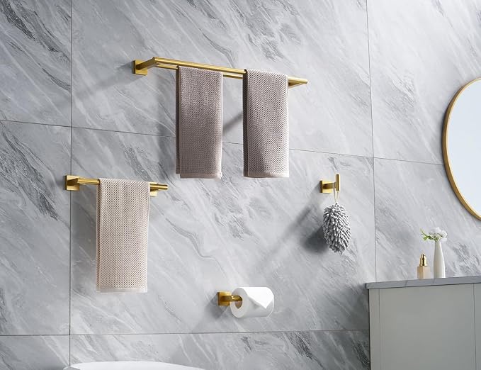 Miyili 4-Pieces Gold Bathroom Accessories Set Bath Hardware Kit - Includes Double Towel Bar, Hand Towel Rack, Toilet Paper Holder, Robe Hook, BS02G4A