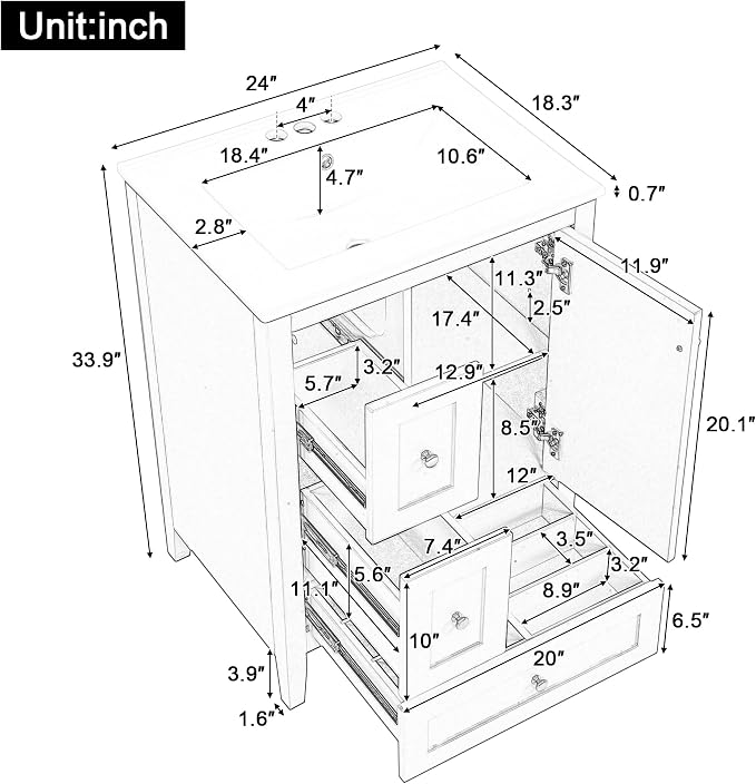 24" Bathroom Vanity with Ceramic Sink,Undermount Single Basin Bath Vanity Set w/3 Drawers and Adjustable Shelf,Modern Freestanding Storage Cabinet,MDF & Rubberwood,Green