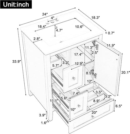 24" Bathroom Vanity with Ceramic Sink,Undermount Single Basin Bath Vanity Set w/3 Drawers and Adjustable Shelf,Modern Freestanding Storage Cabinet,MDF & Rubberwood,Green