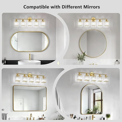 5 Light Bathroom Light Fixtures, Modern Crystal Vanity Lights over Mirror | Metal Frame, Bathroom Light with Square Crystal Shade, ETL Certified, E26 Ceramic Socket, Bulbs Not Included