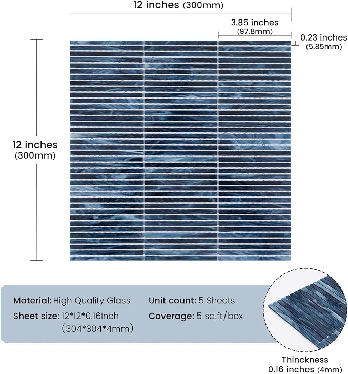 Glass Mosaic Tile Backsplash Blue 12 Inch 5 sq.ft | Elegance for Kitchen Bathroom and Shower Backsplash 5-Pack
