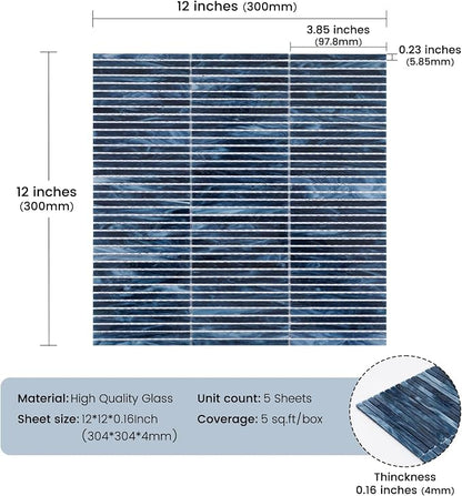 Glass Mosaic Tile Backsplash Blue 12 Inch 5 sq.ft | Elegance for Kitchen Bathroom and Shower Backsplash 5-Pack