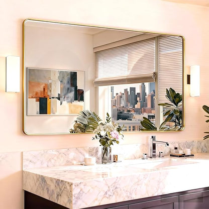 24"X48" Large Gold Metal Framed Bathroom Mirror for Wall, Large Mirrors for Spacious Rooms,Gold Rounded Rectangle Mirror, Brushed Gold Bathroom Vanity Mirror Farmhouse, Anti-Rust, Tempered Glass