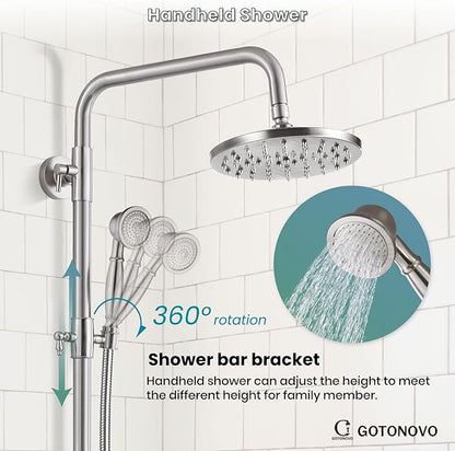 gotonovo Exposed Shower Faucet Set 8 Inch Rainfall Showerhead 3-Function Shower Fixture with Tub Spout 2 Corss Handles Shower System, Brushed Nickel