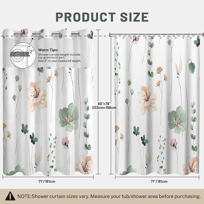 No Hook Floral Shower Curtain with Liner, Sage Green, 71x80 | Snap in Liner, 3 in 1, Water Repellent, Easy Install, Machine Washable, Hotel Style for Bathroom, Watercolor Pattern
