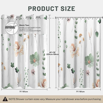 No Hook Floral Shower Curtain with Liner, Sage Green, 71x80 | Snap in Liner, 3 in 1, Water Repellent, Easy Install, Machine Washable, Hotel Style for Bathroom, Watercolor Pattern