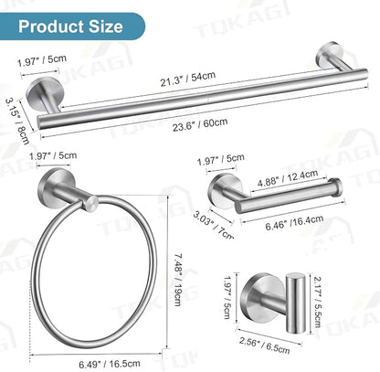 TQKAG Brushed Nickel Bathroom Hardware Set, 6-Piece Towel Bar Set 23.6 Inch | Towel Bar Set, Wall Mounted, Bathroom Accessories Set Include Paper Holders, Towel Rings, Towel Hooks, SUS304 Stainless Steel