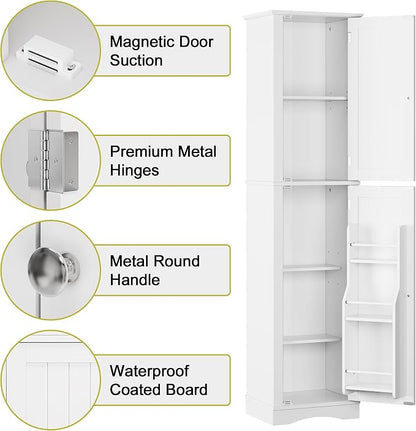 Function Home Tall Bathroom Storage Cabinet, 64" Slim Kitchen Pantry with Door Storage, Narrow Wood Freestanding Cabinets with Adjustable Shelves for Kitchen Living Room Dining Room, White