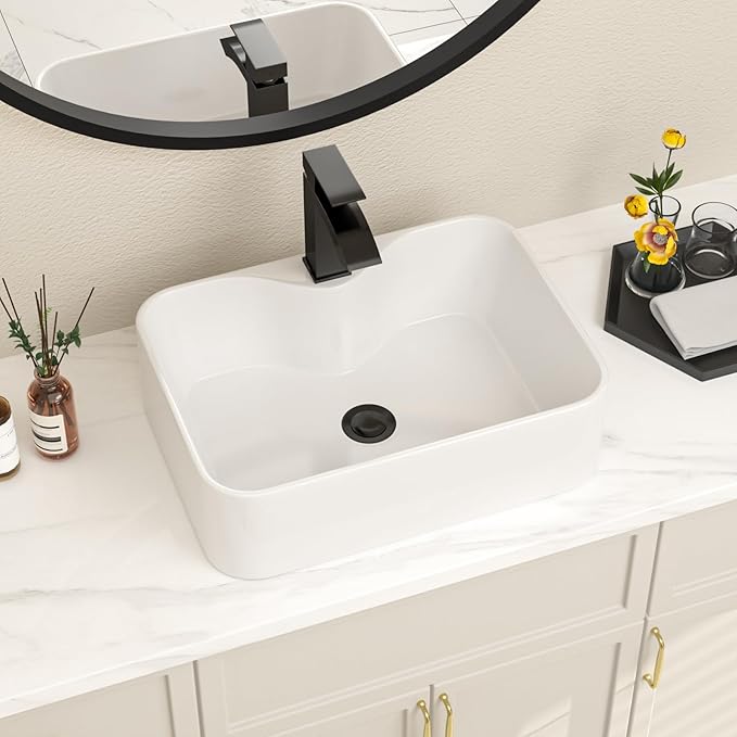 Bathroom Vessel Sink 19" x 15" Rectangle With Black Faucet And Black Drain Combo Bowl Sink Bathroom Countertop Rectangular White Farmhouse Lavatory Vanity Sink Basin