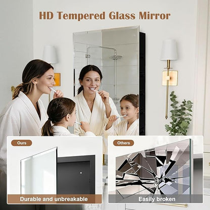 16x26'' Bathroom Medicine Cabinet Mirror with Storage, Surface Mount or Recessed Medicine Cabinet with 4-Tiered Adjustable Tempered Glass Shelves