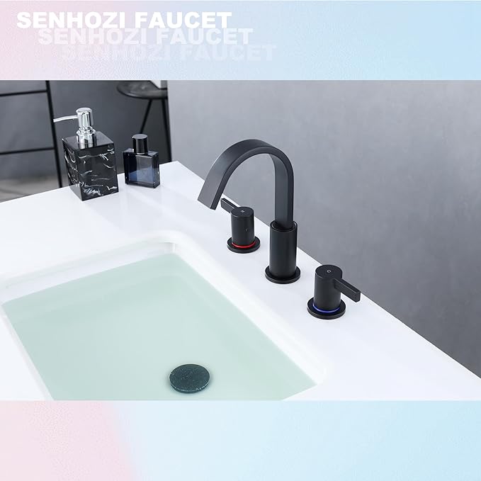 Matte Black Bathroom Faucets 3 Holes, 8 Inch Widespread Bathroom Sink Faucet, 2 Handles Black Bathroom Faucet with Pop-up Drain and Supply Hose SE-0018-BK