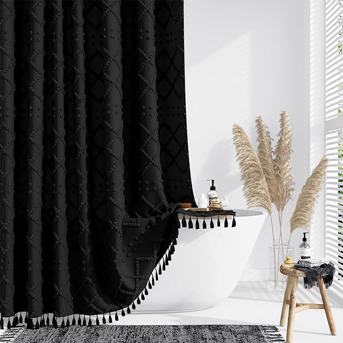 Stall Boho Farmhouse Shower Curtain Tufted Geometric 54"x78" Black | 54 x 78 inch Long, Elegant Tassel, Lightweight Textured Fabric, Water Repellent, Washable, for Narrow Bathroom/Dorm 10 Hooks