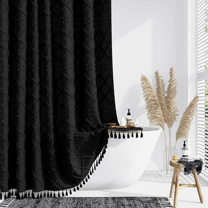 Stall Boho Farmhouse Shower Curtain Tufted Geometric 48"x72" Black | 48 Inch Wide, Elegant Tassel, Lightweight Textured Fabric, Water Repellent, Washable, for Narrow Bathroom/Dorm 8 Hooks