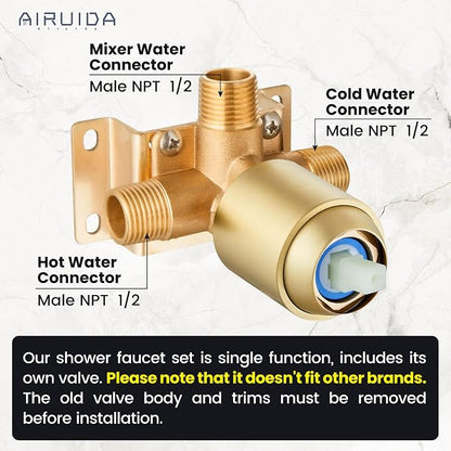 Airuida Shower Faucet Set,10 Inch Shower Valve Kit,Brushed Gold | Male Threads,Rough-in Valve Shower Trim Kit,Single Handle Control Shower Set