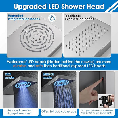 ROVOGO LED Shower Panel Tower System - Use 5 Functions at Once: Rainfall, Mist, Handheld, Body Jets and Tub Spout, Shower Column with Lights, Stainless Steel Brushed