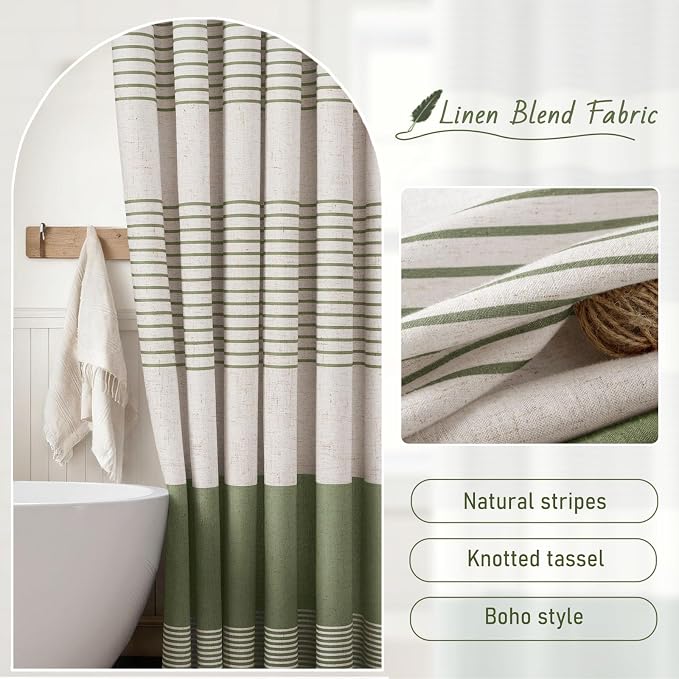 Sage Green Boho Linen Striped Shower Curtain with Tassel 72"W X 84"L | Extra Long Boho Farmhouse Shower Curtains with Linen Texture for Bathroom Decor