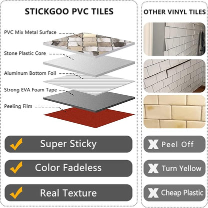 STICKGOO Arabesque Peel and Stick Backsplash Tile, Stick on Backsplash for Kitchen and Bathroom, Gold Wood Grain Marble Look PVC Mixed Metal Aluminum Mosaic Tiles(10 Sheets)