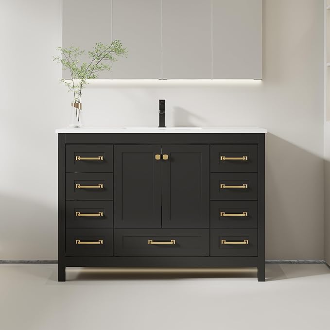 eclife 48" Bathroom Vanities with Sink Combo, Modern Thickened Wood Bathroom Storage Cabinet w/Undermount Single Sink, Matte Black Faucet Drain, Painted Surface, Black