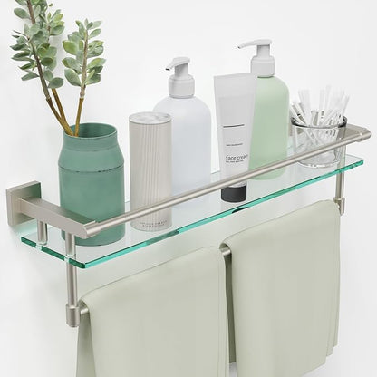 24-Inch Modern Wall-Mounted Bathroom Glass Shelf with 1 Shelf, Brushed Nickel, 1 Towel Bar, 45 lbs Weight Capacity