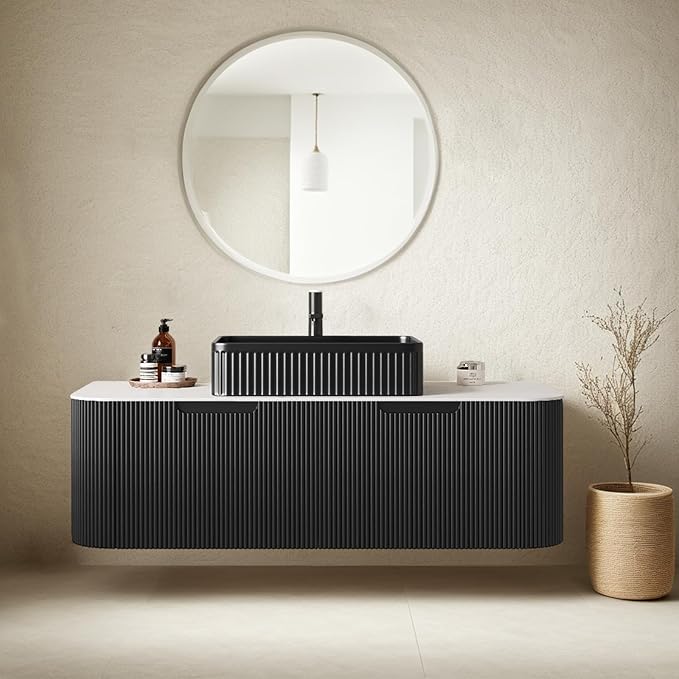 48 Inch Floating Bathroom Vanity with Sink, Modern Bathroom Vanities with Rectangular Ceramic Basin and Marble Top, 2 Large Soft-Closing Storage Drawers, Pre-Assembled Cabinet, Gloss Black