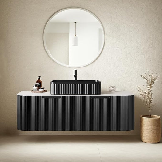 48 Inch Floating Bathroom Vanity with Sink, Modern Bathroom Vanities with Rectangular Ceramic Basin and Marble Top, 2 Large Soft-Closing Storage Drawers, Pre-Assembled Cabinet, Gloss Black