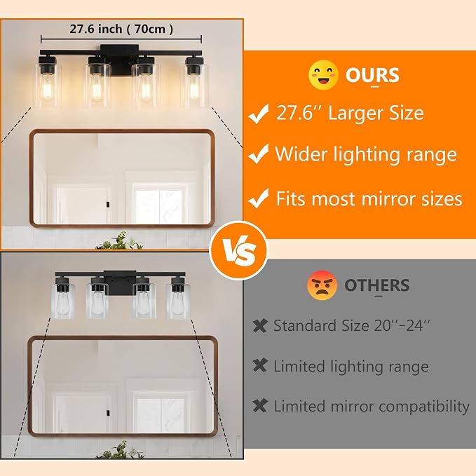 27” Bathroom Light Fixtures Over Mirror,4-Light Black Vanity Light | Square Clear Glass & Durable Metal, Quick & Easy Installation, Standard E26 Socket, Bright Bathroom Lighting