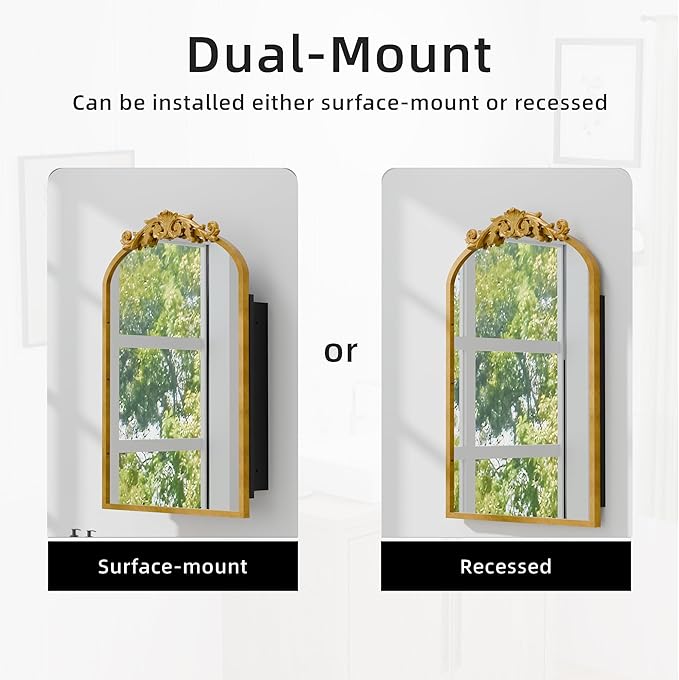 Casaphoria 30" H x 20" W Arched Bathroom Medicine Cabinet with Mirror, Carved Metal Frame and Wall Medicine Cabinets Mirrors, Gold O