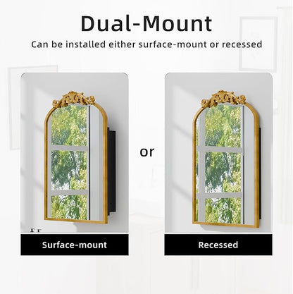 Casaphoria 30" H x 20" W Arched Bathroom Medicine Cabinet with Mirror, Carved Metal Frame and Wall Medicine Cabinets Mirrors, Gold O