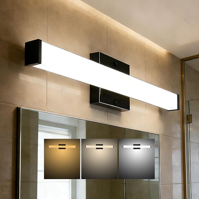 24in LED Bathroom Vanity Light(3000K/4000K/5000K, Brightness Dimmable), 15W Black Bathroom Light Fixtures Over Mirror, IP44 Modern Bath Vanity Lights Bar 120V, ETL Listed
