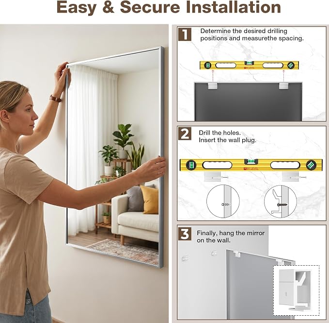 MZON 30" x 36" Brushed Nickel Bathroom Vanity Mirror, Mirror for Over Sink | Aluminum Alloy Frame, Clear Reflection, Rust-Resistant, Vertical or Horizontal, Wall Mount, Bedroom and Entryway