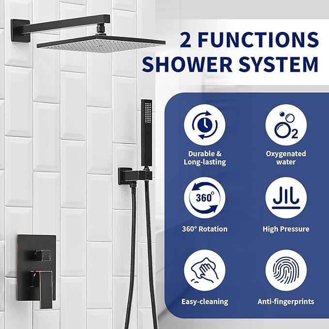 BWE Shower Faucets Sets 10 Inch Square Bathroom Luxury Rain Shower Head with Handheld Spray Wall Mounted Oil Rubbed Bronze Shower System Rough-in Valve Body and Trim Included