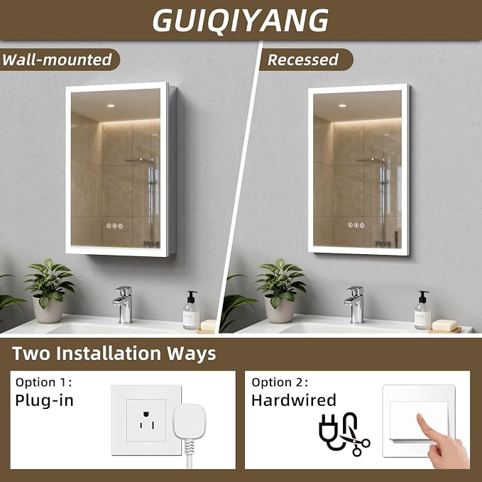 Medicine Cabinet with Lights, Bathroom LED Mirror Cabinet with Storage, Anti-Fog & 3 Color Lights, Recessed or Wall Mounted (20X30 in)