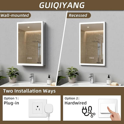 Medicine Cabinet with Lights, Bathroom LED Mirror Cabinet with Storage, Anti-Fog & 3 Color Lights, Recessed or Wall Mounted (20X30 in)