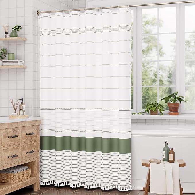 AmazerBath Boho Shower Curtain Set, Rustic Faux Linen Sage Green Striped Shower Curtain with Hooks, Modern Farmhouse Shower Curtain with Tassels, White Base Toned, 72x72 Inches