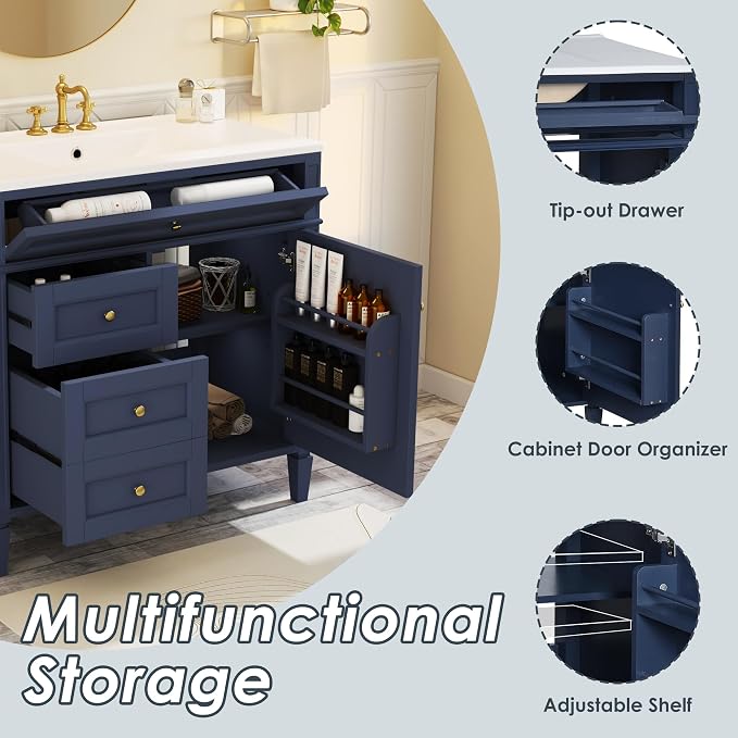 Merax 36 Inch Bathroom Vanity with Top Sink, Modern Bathroom Storage Cabinet with 2 Drawers and a Tip-Out Drawer, Solid Wood Frame Single Sink Bath Vanities, Blue