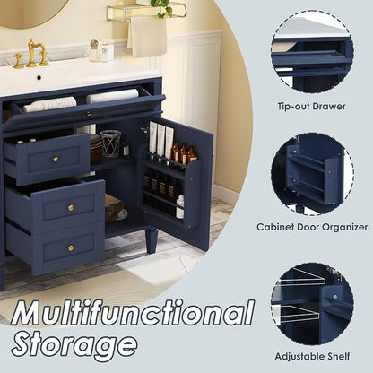 Merax 36 Inch Bathroom Vanity with Top Sink, Modern Bathroom Storage Cabinet with 2 Drawers and a Tip-Out Drawer, Solid Wood Frame Single Sink Bath Vanities, Blue