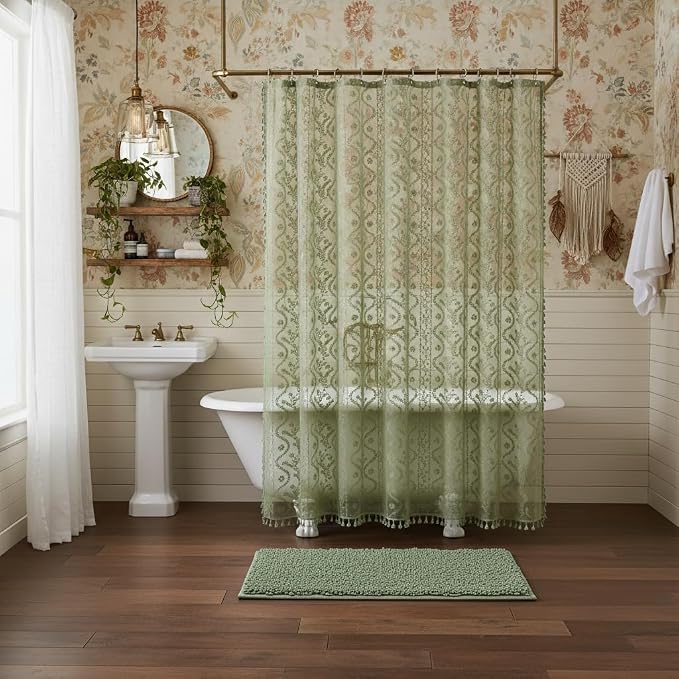 WAZZIO Sage Green Lace Shower Curtain - Vintage Pretty Floral Sheer Shower Curtains, Elegant Decorative Tassel Bath Curtains for Bathroom, 72 x 72 Inch, 1 Piece