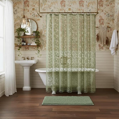 WAZZIO Sage Green Lace Shower Curtain - Vintage Pretty Floral Sheer Shower Curtains, Elegant Decorative Tassel Bath Curtains for Bathroom, 72 x 72 Inch, 1 Piece