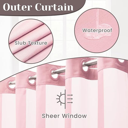 SORTTO No Hook Slub Shower Curtain with Liner, 71x74, Pink | Snap in Liner, 3 in 1, Bamboo Texture, Hotel Style, Waterproof Fabric, Mesh Top Window, Corner Magnets, Machine Washable