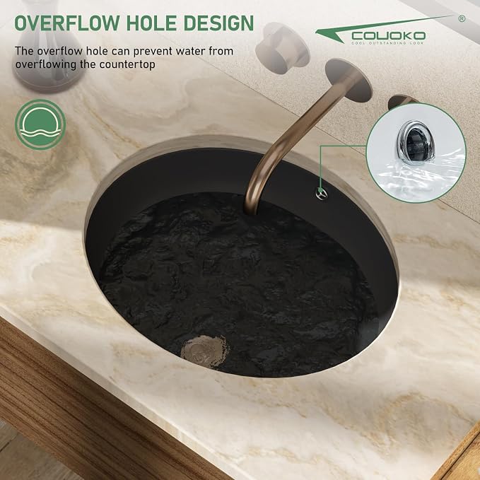 20x16 Inch Black Oval Undermount Bathroom Sink | Interior Bowl Size 17"W x 14"D, Ceramic, Curved Bottom, Easy to Clean, with Overflow, Ideal for Bathroom, Lavatory, Vanity